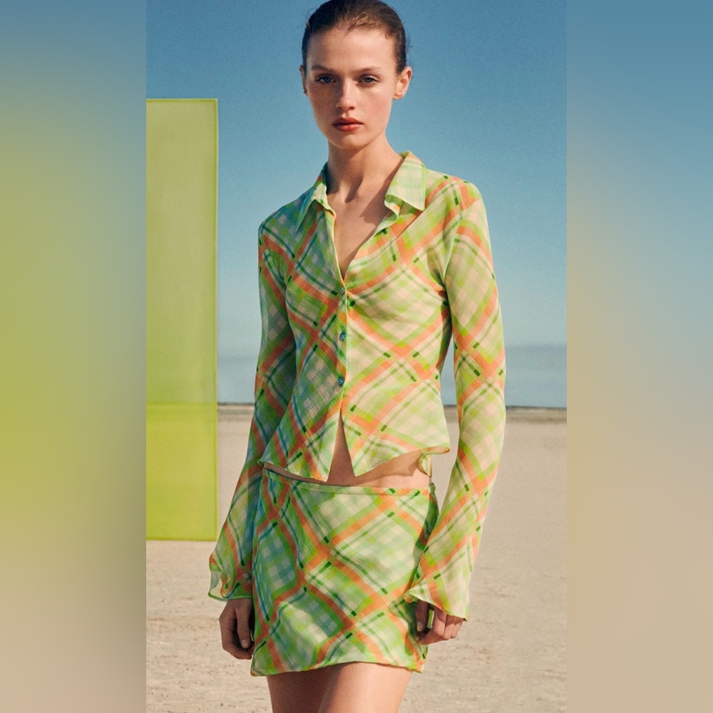 Mango Pastel Green Check Print Sheer Shirt - Size Medium